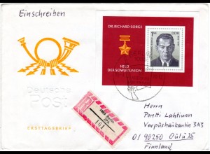 DDR 1976, Block 1 Mk. Dr. Sorge auf Reko FDC Brief v. Berlin n. Finnland