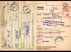 BRD 1971, Auslandspaketkarte v. Alfeld m. Schweden Gebührenzettel