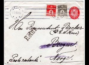 Dänemark 1919, Bergen Retur-Stpl. auf Ganzsache Brief v. Vejle n. Norwegen