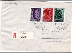Liechtenstein 1959, 20+50+90 R. auf Reko Brief v. Vaduz i.d. Tschechoslowakei
