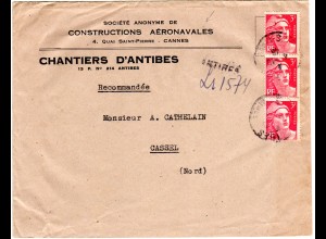 Frankreich 1946, 3x3 F. auf Umschlag Constructions Aéronavales v. Antibes