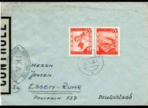 Österreich 1948, 50+60 G. auf Brief v. Innsbruck m. französ. IKA Zensur