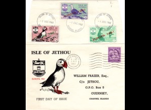 GB 1961, 3 Jethou Europa Vogel Marken in MiF m. GB 3d auf Brief v. Guernsey