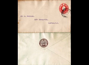 GB 1902, rücks. Zudruck Pemrose & Sons Ltd. Derby auf 1d Ganzsache Brief