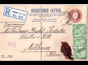 GB 1913, 3x1/2d Zusatzfrankatur auf Reko Ganzsache Brief v. London n. Mülheim