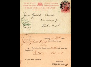 GB 1900, Dresdner Bank London stationery card used from London to Berlin