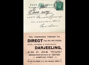 GB 1902, Darjeeeling, Kyel Tea Company stationery card used in London 