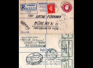 GB 1938, 4 1/2d Einschreiben GaU m. Zusatzfrankatur und München Devisen Zensur