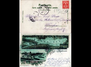 Bayern 1899, Schiffspost-K1 LIND-RHORN auf Bodensee Litho-AK m. Schweiz 10 C.