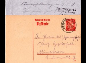 Bayern 1919, 10 Pf. Ganzsache v. Vorderschellenbach m. K1 ZIEMETSHAUSEN