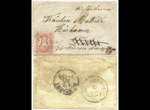 Bayern, 3 Kr. auf Bahnpost Brief n. Dachau, von da Nachsendung n. München. #2116