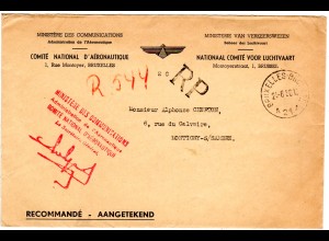 Belgien 1950, portofreier Reko Brief des Ministeriums f. Luftfahrt v. Brüssel