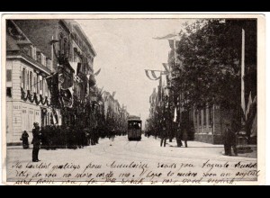 Mannheim, festlich beflaggte Strasse m. Trambahn, 1904 n. Kamerun gebr. sw-AK