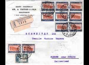 Griechenland 1929, 40 L.+10x1 Dr. auf Reko Brief v. Thessaloniki i.d. Schweiz
