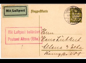 DR 1926, 15 Pf. Flugpost Ganzsache per Luftpost v. Dresden-Neustadt n. Altona