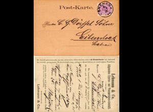 DR 1888, 5 Pf. auf Firmen Karte v. BREMEN 1e n. Eibenstock, Sachsen