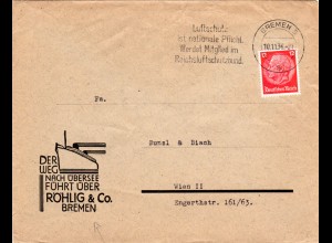 DR 1936, 12 Pf. auf Firmen Brief v. BREMEN m. Abb. Röhling & Co. Dampfer