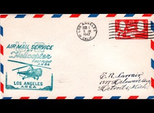 Helicopter Post USA 1947, Los Angeles Area First Flight, 5 c. Ganzsache Brief