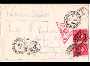 GB 1915, censored field post cover from FPO 43 with US 4 C. postage due