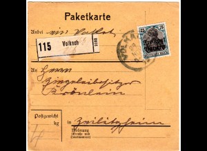 Bayern 1919, EF 75 Pf. Germania auf Paketkarte v. VOLKACH n. Zeilitzheim