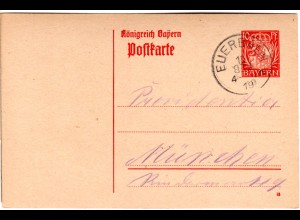 Bayern 1919, 10 Pf. Ganzsache m. Unterfranken-K1 EUERBACH