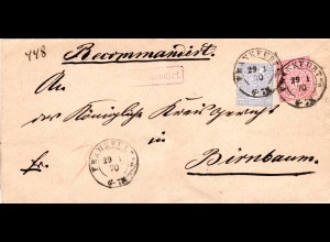 NDP 1870, 1+2 Gr. auf Einschreiben Brief m. K2 FRANKFURT A/O u. viol. Reko-Stpl.