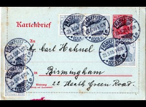 DR 1905, 5x2 Pf. Zusatzfr. auf 10 Pf. Kartenbrief v. Frankfurt Oder n. GB