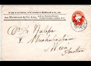 GB 1897, 1/2d Macmillan & Co. Privat Ganzsache Brief v. London n. Österreich