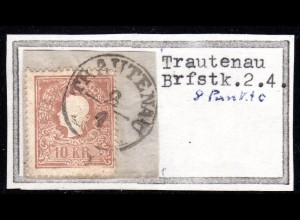 Österreich, 10 Kr. auf schönem Briefstück m. Böhmen-K1 TRAUTENAU