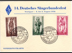 BRD 1956, Stuttgart 14. Dt. Sängerbundfest auf Ereigniskarte m. 3 Berlin Marken