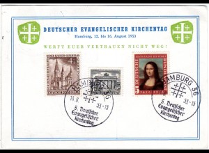 BRD 1953, 5. Dt. Evangelischer Kirchentag Hamburg, Ereigniskarte m. 3 Marken
