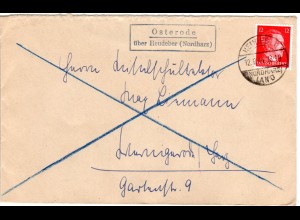 DR 1944, OSTERODE über Heudeber (Nordharz), Landpost Stpl. auf Brief m. 12 Pf.