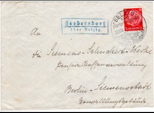 DR 1938, FREDERSDORF über Belzig, Landpost Stpl. auf Brief m. 12 Pf.