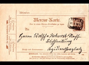 Private Stadtpost Hannover 1900, gebrauchte 2 1/2 Pf. Mercur Ganzsachenkarte 