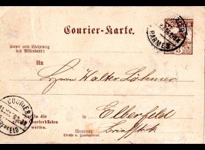 Private Stadtpost Barmen Elberfeld 1896, gebr. 3 Pf. Courier Ganzsachenkarte 