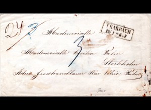 Preussen 1857, Saar-R2 TRARBACH auf Porto Brief via Hamburg n. Schweden.