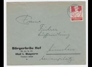 DR 1934, Bürgerbräu Hof, Firmen Brief m. 12 Pf. Thematik Brauerei Bier. #2127