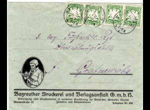 Bayern 1920, 4x5 Pf. auf attraktivem Druckerei Brief v. BAYREUTH 2 