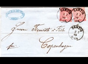 NDP 1869, 2x1 Gr. auf Brief v. DANZIG n. Dänemark