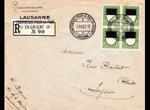 Schweiz 1922, Conference Pour LKa Paix En Orient Lausanne, Reko Brief m. 4x10 C.
