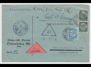 DR 1937, Dietenhofen, attraktiver Nachnahme Brief n. Weissenburg. #1121