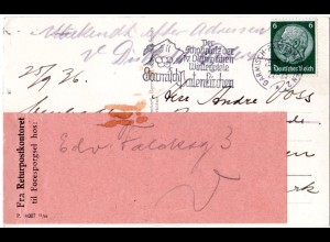 Dänemark 1936, Retour Etikett auf DR Postkarte v. Garmisch n. Kopenhagen