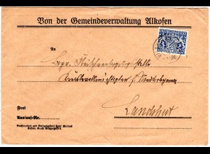 Bayern 1919, 20 Pf. Dienst auf Gemeide Brief v. ALKOFEN m. K2 VILSHOFEN. Geprüft