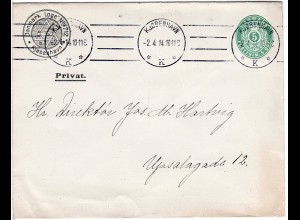 Dänemark 1914, gebr. 5 öre Ganzsache Brief m. Eindruck Freimaurer DK Loge No.712