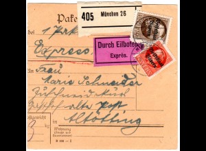 Bayern 1919, 15 Pf.+1 Mk. Volksstaat auf Eilboten-Paketkarte v. München. Geprüft