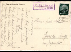 DR 1940, Landpost Stpl. HOHENWEPEL über Warburg auf Karte m. 6 Pf. 