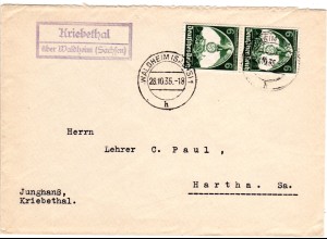 DR 1935, Landpost Stpl. KRIEBETHAL über Waldheim Sachsen auf Brief m. 2x6 Pf. 