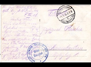 FP WK I 1916, Karte m. Briefstpl. BALLON-ABWEHR-KANONEN-ZUG 174