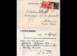 Italien 1924, 10+15+20 C. auf Karte ISTITUTO GEOFISICO, Bahnpost Trieste-Ravenna