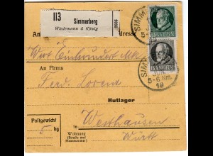Bayern 1919, MeF 2x25 Pf. auf Paketkarte v. SIMMERBERG m. Selbstbucher-Zettel!
